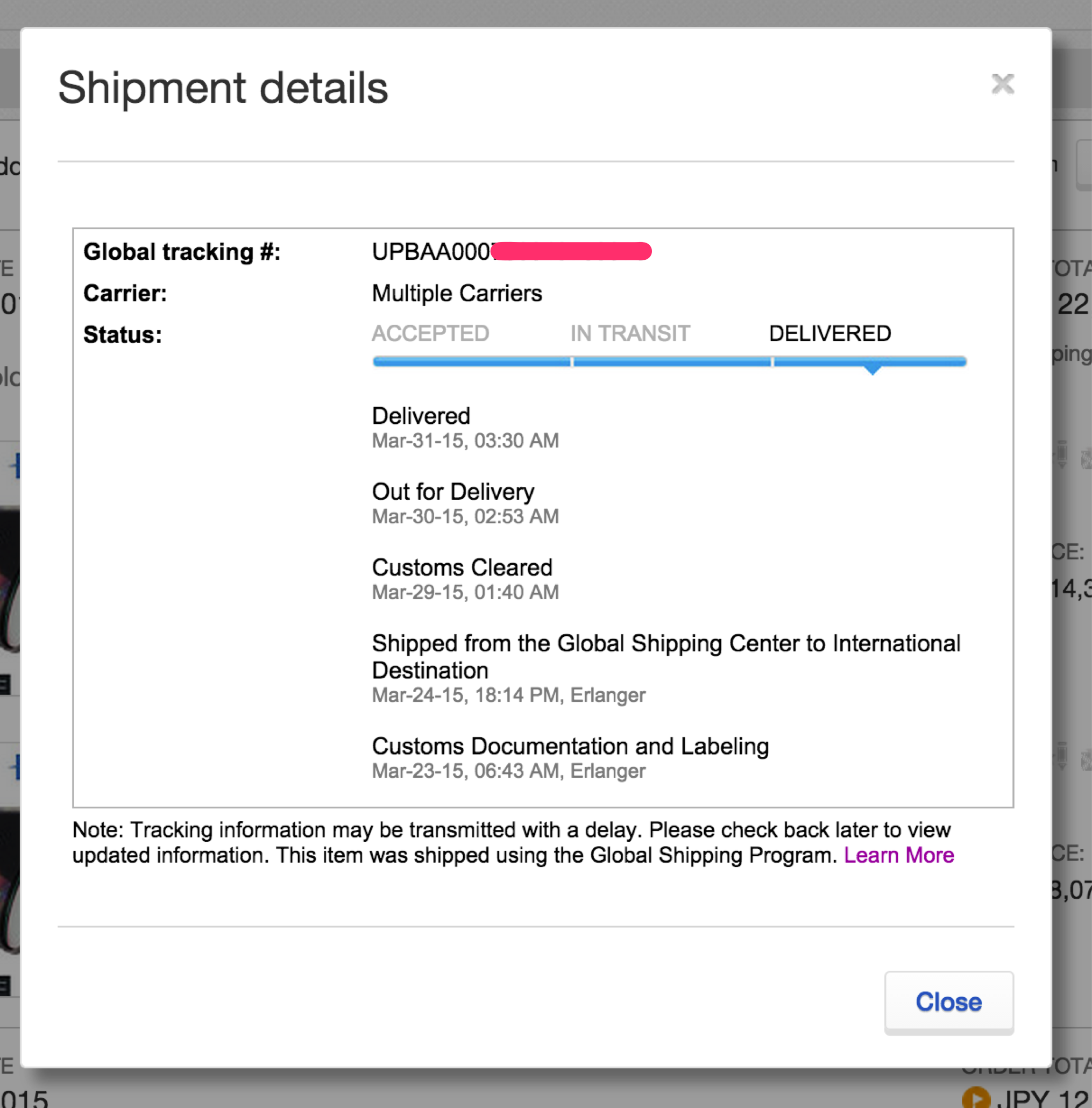 eBayのGlobal Shipping Programでの配送記録